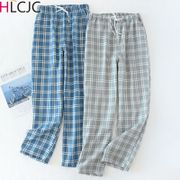 Men's Cotton Gauze Trousers Plaid Knitted Sleep Pants Mens Pajamas Pants Bottoms Sleepwear Pajama Short For Men Pijama Hombre