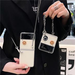 Samsung Galaxy Z Flip 4 5G Smiley Chain PC Case Hard Transparent Shockproof Z Flip 3 Phone Creativity New Case Cover