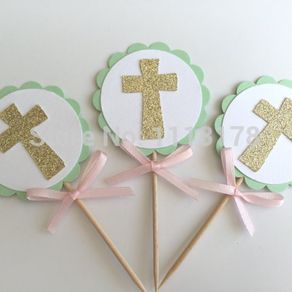 MINT Gold Baptism Cupcake Toppers. First Communion, Confirmation, Christening wedding party cake topper