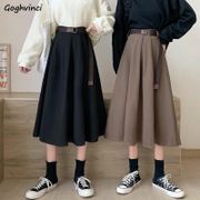 Women Skirts Solid Simple High Waist Sashes A-line Loose Hot Sale 2XL Slim All-match Korean Fashion New Arrival Office Elegant