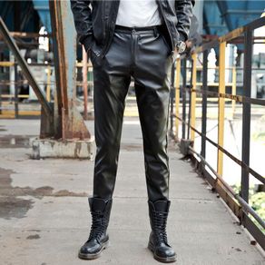 Plus velvet thickening personality fashion motorcycle faux leather pants mens feet pants pu trousers for men pantalon homme