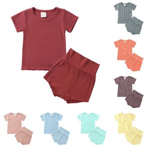 Summer Newborn Baby Girls Boys Clothes Ribbed Cotton Casual Short Sleeve Top T-shirt+Shorts Toddler Infant High Waist Outfit Set