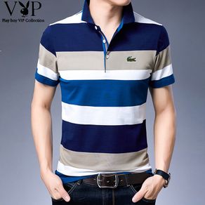 【 3 Colour 】 Stripe Polo Shirt Men Cotton Lapel Collar T Shirt Formal Office Casual Business Short Sleeve Tshirt