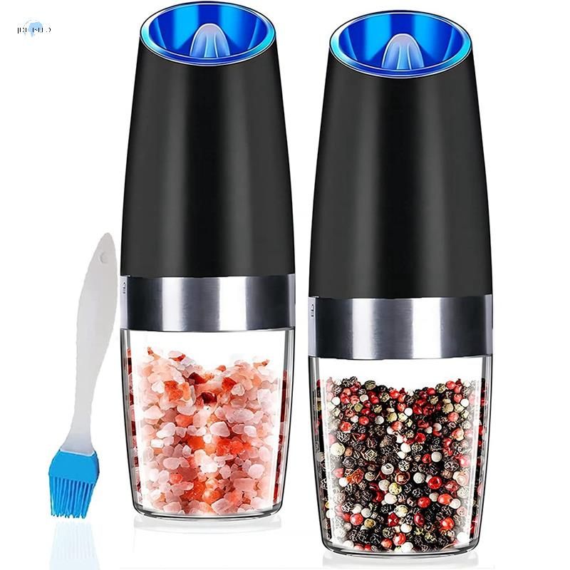 1set/2pcs Battery Powered Electric Pepper Grinder Black With Gravity Sensor  And Acrylic Storage Chamber