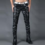 Autumn winter personality fashion motorcycle faux leather tight pants mens feet pants pu trousers for men pantalon homme black