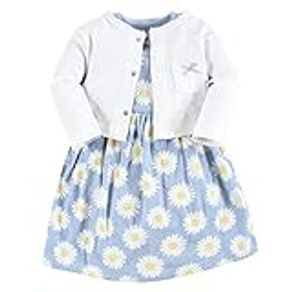 Hudson Baby Girls' Cotton Dress and Cardigan Set, Blue Daisy, 2 Years