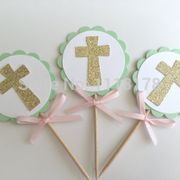 MINT & Gold Baptism Cupcake Toppers. First Communion, Confirmation, Christening wedding party cake topper