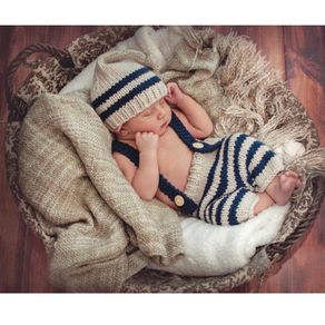 Baby Photo Costume Clothes Newborn Girls Boys Photography Prop Crochet Knit Overall Bib Pants + Hat 2pcs Sets Striped Outfits