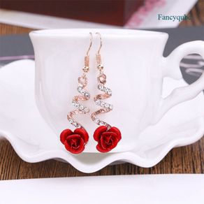 Fancyqube Women Red Rose Drop Earring Spiral Dangle Jewelry