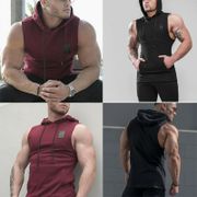 Mens Summer Sleeveless Fitness Gym Workout Bodybuilding Pullover Hoodie Muscle Sport Tank Top Muscle Hooded Sweatshirt Vest