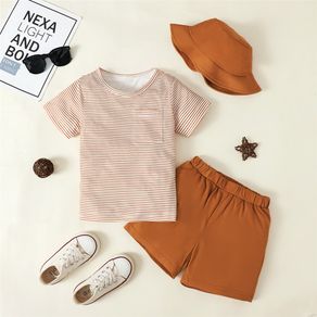 4-7Years Kids Baby Boy Daily Holiday Clothes Set Striped Short Sleeve T-shirt Top + Shorts with Hat Summer Casual 3PCS Outfit