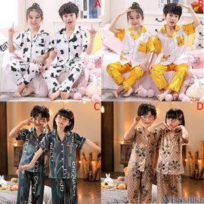 Kids Sleepsuit Children Sleepwear Pyjamas Set Short Sleeve Silk Stain Boys Girls Pajamas Suit Baju Tidur