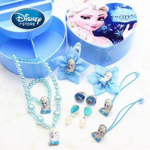 Disney Girl Hair Accessories Set Frozen Anna Elsa Princess Girl Hairpin Hair Rope Ring Headdress Necklace Earrings Gift Boxs