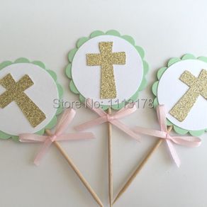 MINT & Gold Baptism Cupcake Toppers. First Communion, Confirmation, Christening wedding party cake topper
