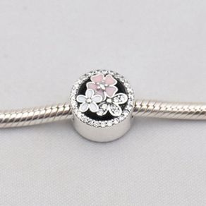925 Sterling Silver Inlaid Crystal Dangle With Enamel Three Flowers Charm Beads Fit PAN Style Charm Bracelets DIY Jewelry making