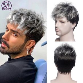 MSIWIGS Men Short Straight Wig Ombre Grey Brown Synthetic Wig White for Male Hair Fleeciness Realistic Natural Headgear
