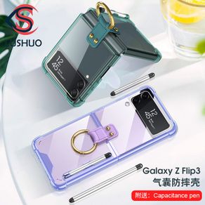 LUSHUO Phone Case for Samsung Galaxy Z Flip 3 Colorful Frame Transparent Case with Ring Holder and PEN Hard Plastic Cover for Z Flip3 ZFlip3 ZFlip 3