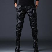 personality fashion motorcycle faux leather pants mens feet pants loose pu trousers for men pantalon homme stage black autumn
