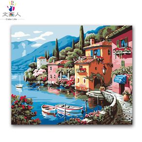 seascape Lakeside villa harbour oil painting package diy digital oil painting by the number with kits adult practise paint