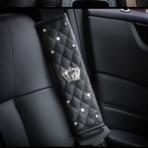Fancyqube Car Seat Belt Cover Leather Seat Belt Shoulder Pad Crown Crystal Rhinestones Diamond Shifter Gear Cover Hand Brake Covers Sets