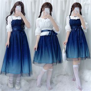 Summer Spring Gradient Suspender Chiffon Fairy Princess Dress  Girl Gothic Lolita JSK Sweet Anime Loli Cosplay Costume