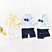Newborn Jumpsuit Boy Baby Gentleman Bow Tie Summer Thin Style Pure Cotton Short-Sleeved Color-Matching Romper Full Moon Suit/One-Year-Old Clothes Handsome Butt
