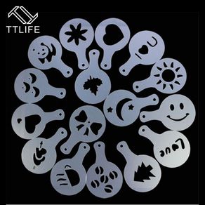 TTLIFE 16pc Cake Duster Templates Coffee Stencils Latte Cappuccino Barista Pull Flower Art Stencils Drawing Molds Printing Model