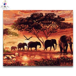 diy Coloring paint By Numbers Animal Sunset African elephant herd pictures Paintings By Numbers with kits package on canvas