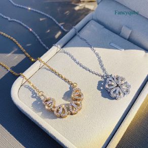 Fancyqube Luxurious Two In One Love Heart Four Leaf Clover Necklace 925 Silver Jewelry Zircon Lucky Grass Fashion Women Girl Gift