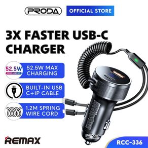 REMAX Fast Charging USB Type C 52.5W Car Charger Socket Adapter With Spring Cable Pengecas Telefon Dalam Kereta RCC336