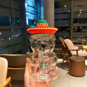 ☞Starbucks Bear Cup Latin American Style Cute Bear Shape Milk Large-capacity Glass Cup with Straw Drinking Water
