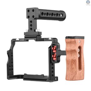 Andoer Camera Video Cage + Top Handle + Side Wooden Grip Kit Aluminum Alloy with Dual Cold Shoe Mounts Numerous 1/4 Inch