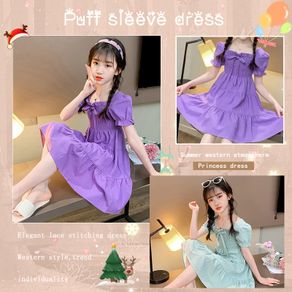 Beibei|Girls Plaid Puff Sleeve Dress Big Children s Clothing Solid Color Skirt Summer Fashion Princess Dress
