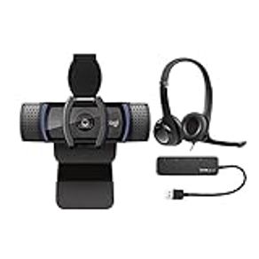 Logitech C920S Pro HD Webcam with H390 USB Headset with Noise-Canceling Mic and Knox Gear 4-Port USB Hub Bundle (3 Items)