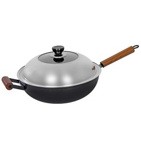 Traditional cooker pot without coating flat bottom non stick cooker frying pan wok wood handle stainless steel lid cover