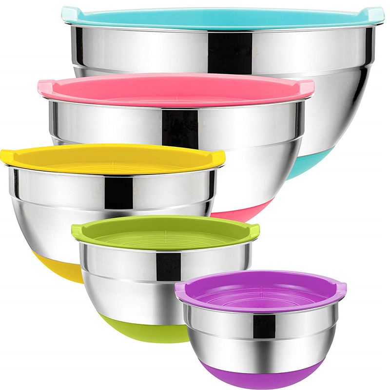 5 Pcs Mixing Bowl,stainless Steel Salad Bowl With Airtight Lid&non