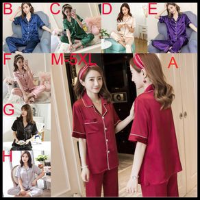✲∈M-5XL Women Plus Size Pajamas Baju Tidur Silk Sleepwear Short Sleeve Pyjamas