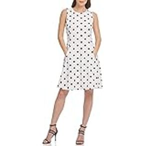 DKNY Women's Sleevless Fit and Flare Dress, IVORY/BLACK, 10
