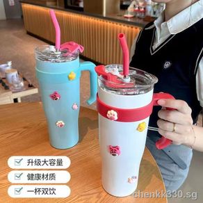 600ml Stainless Steel Straw Cup, Strawberry Bear, Office Cold Drink Cup,  Cute Cartoon Insulated Cup For Girls