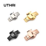 UTHAI T02 Automatic Double Click Butterfly Buckle Watch Push Button Fold Deployment Clasp Silver Watchband Strap 12-24mm