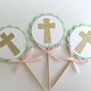 MINT & Gold Baptism Cupcake Toppers. First Communion, Confirmation, Christening wedding party cake topper