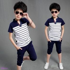 Summer Kids Boys Short Sleeve Casual Outfits Sets New Striped Tops Shirts+Shorts