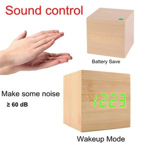 Sound Control Wooden Square LED Alarm Clock Desktop Table Digital Thermometer Wood USB/AAA Date Display Alarm Clock