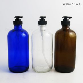 480ml Large 16 oz Blue Clear Amber Refillable Glass Packing Container Wash Shampoo Boston Glass Bottle with Black Lotion Pump