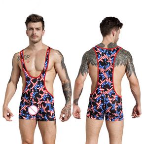 New Arrival Sexy Men's Suspender Printing American Flag Jockstrap Wrestling Singlet Underwear Strecth Bodywear Men