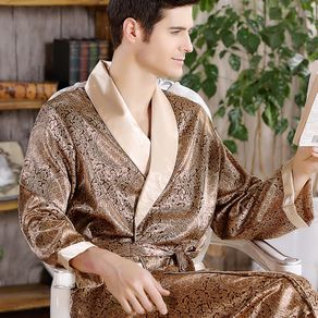 5XL Robe Luxury Men Silky Satin Kimono Robe Long Sleeve Sleepwear