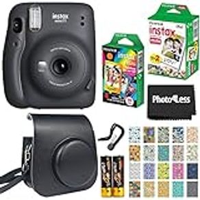 Fujifilm Instax Mini 11 Instant Camera - Charcoal Grey (16654786) + Fujifilm Instax Mini Twin Pack Instant Film (16437396) + Single Pack Rainbow Film + Case + Travel Stickers