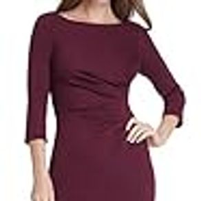 DKNY Womens Burgundy Ruffled 3/4 Sleeve Jewel Neck Above The Knee Sheath Wear to Work Dress Size 16