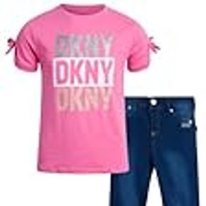 DKNY Girls' Pants Set 2 Piece Short Sleeve T-Shirt and Leggings Kids Clothing Set, Size 7, Wild Orchid