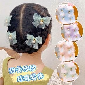 2 Pairs Cute Bow Pearl Hair Clip Korean Version Classy Gauze Bangs Accessories